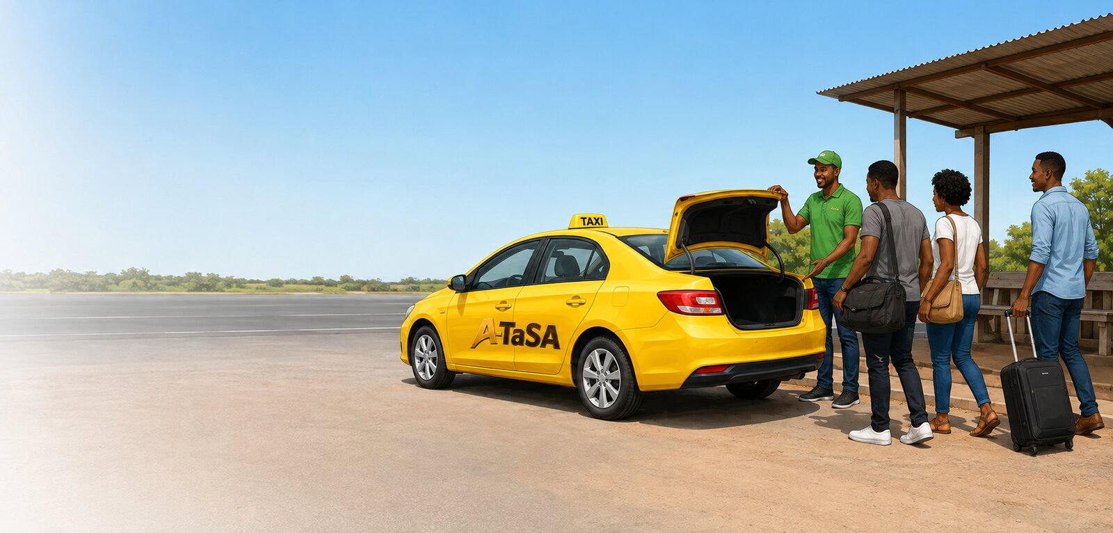 Passagers avec bagages attendant leur véhicule de covoiturage A-TaSA