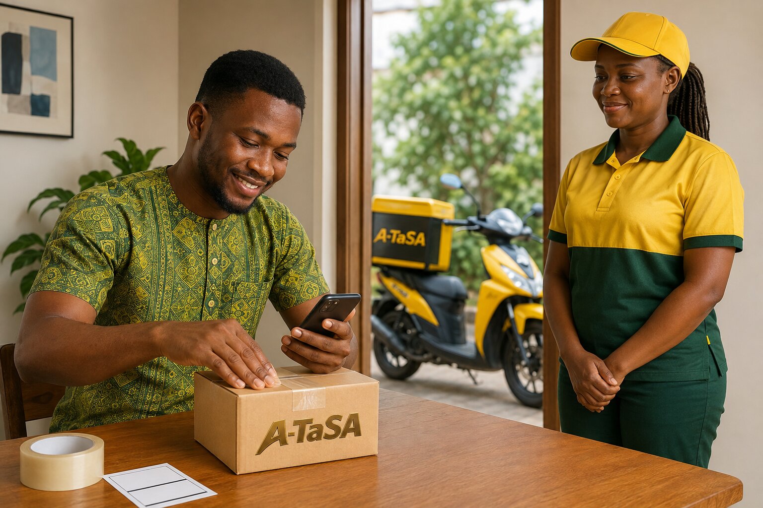 Livreur A-TaSA remettant un colis à un client