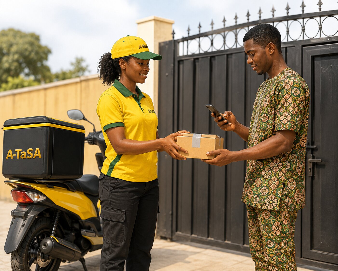 Livreur A-TaSA remettant un colis à son destinataire, qui vérifie son téléphone