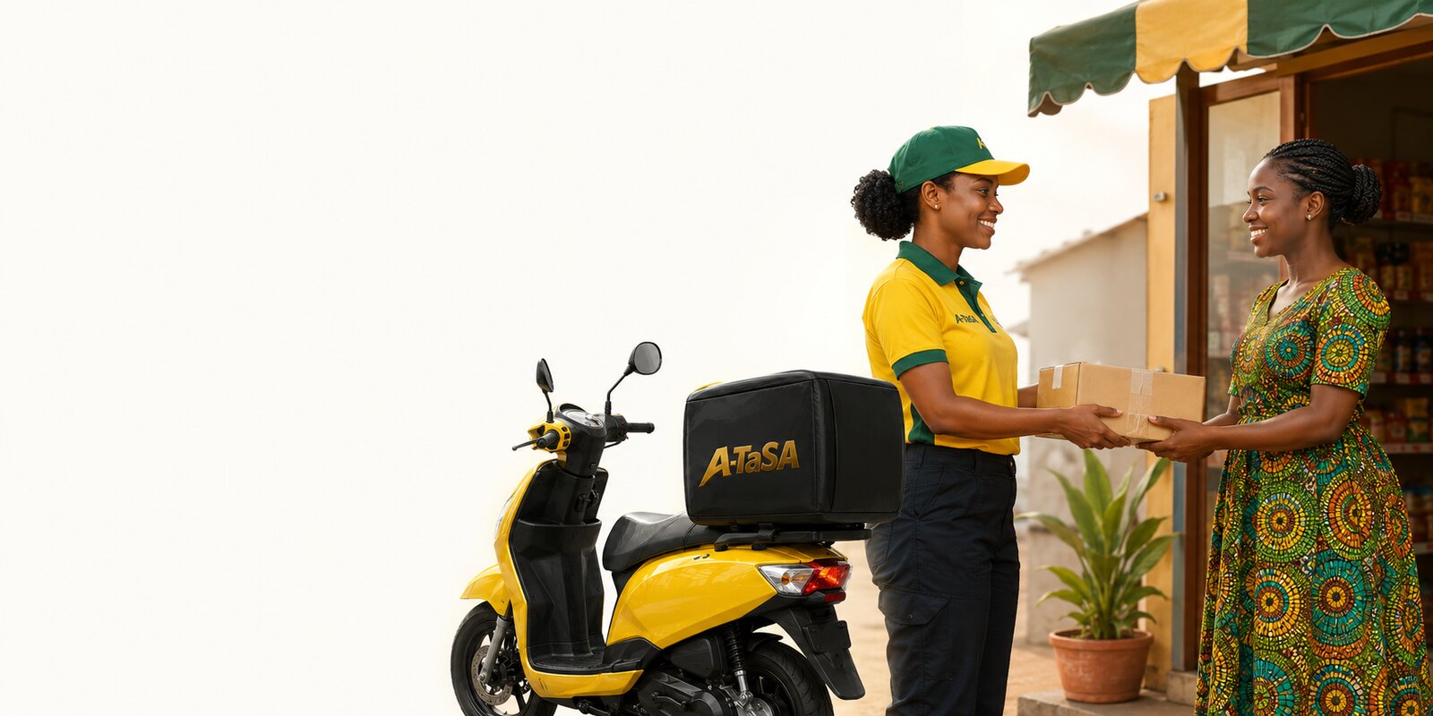 Livreur A-TaSA remettant un colis dans un commerce